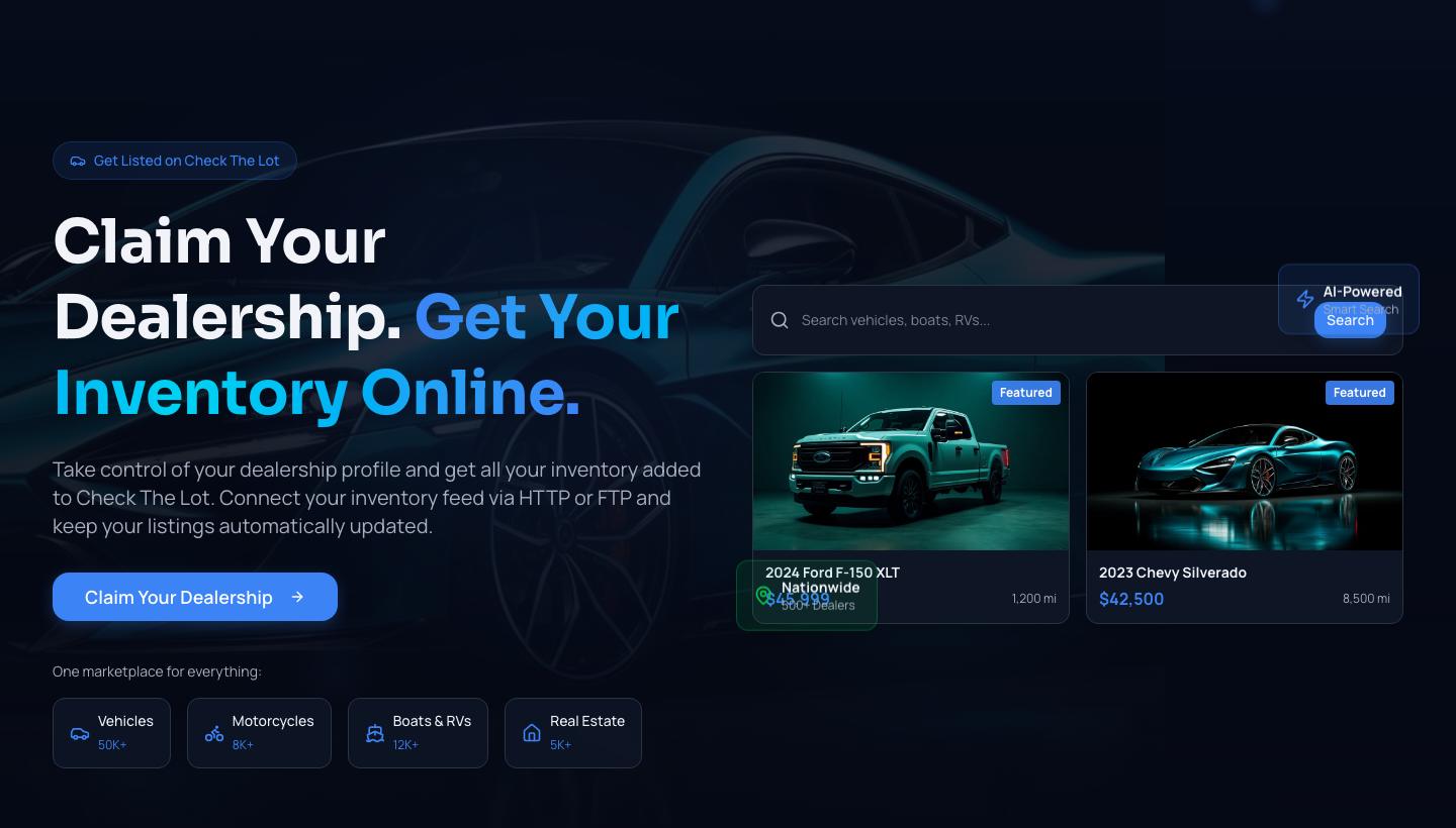 Check The Lot page, with a search bar and featured vehicles